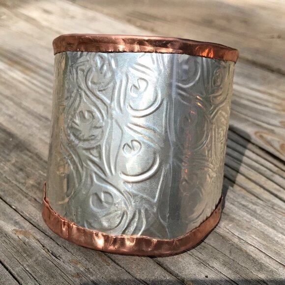 Peacock Embossed Sterling Silver 925 Copper Cuff Wide Rustic Handmade Gladiator - Picture 4 of 8